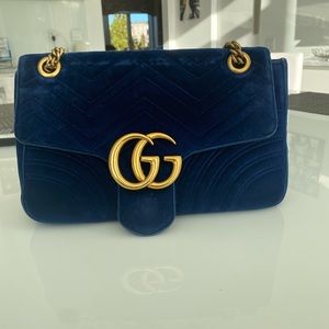 Authentic Gucci handbag marmont gg velvet blue small gold chain bag